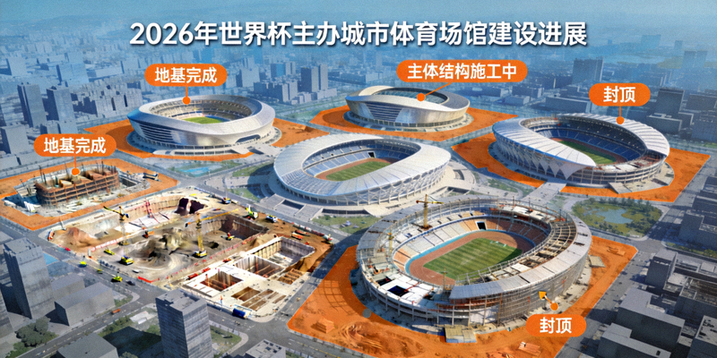 2026年世界杯主办城市体育场馆建设进展俯瞰图