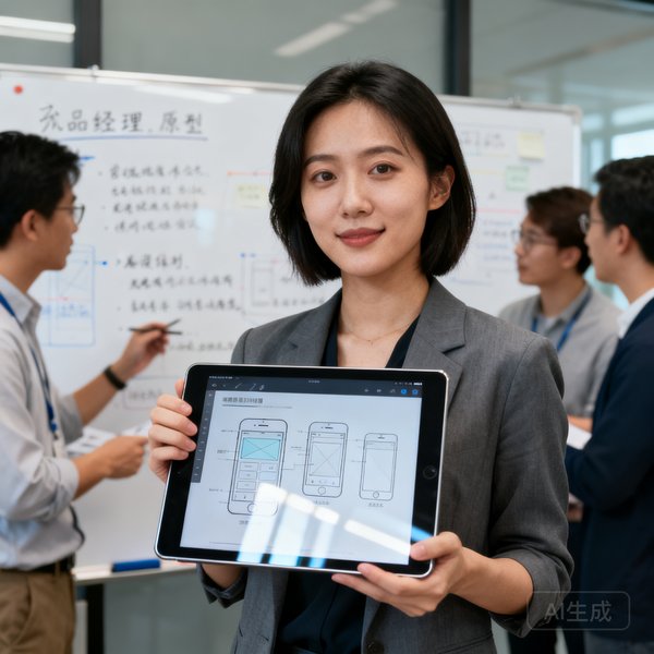 产品经理陈雨桐的正面照，她手持平板电脑展示产品原型图，背景是团队讨论白板