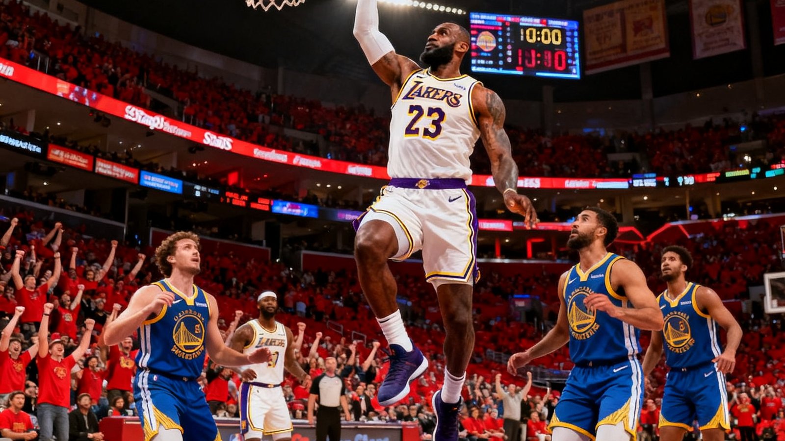 NBA常规赛湖人主场对阵勇士，勒布朗·詹姆斯在第四节关键时刻突破三人防守完成单手劈扣，全场观众起立欢呼